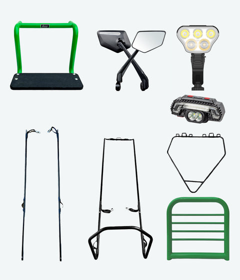 Accessory kit including Tow-Bar, Mushing Stand, Racing Tow Line Bar, Extention-Bars, Lights, Mirror Set and Rack